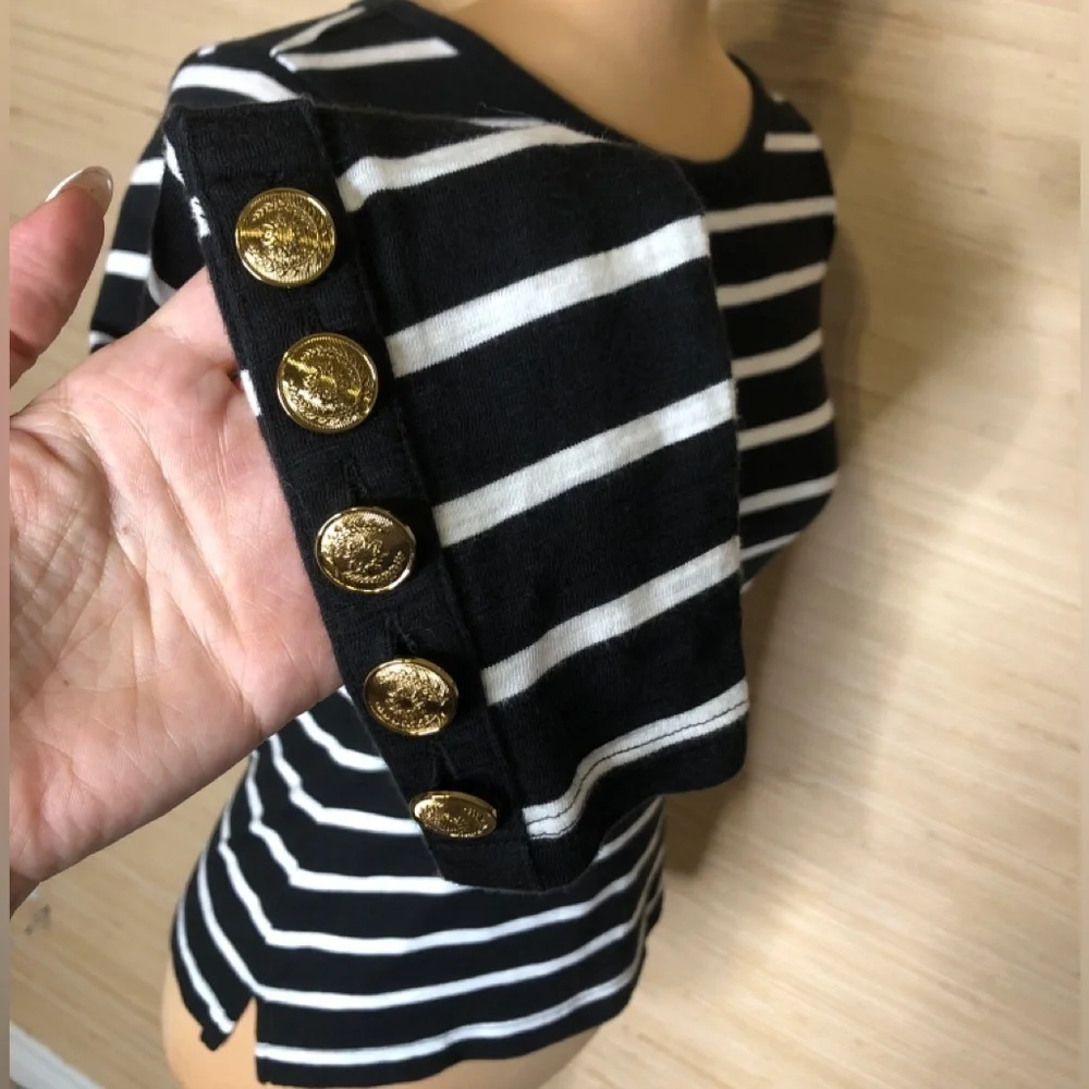 White House Black Market Striped Long Sleeve Tee with Gold Accent Buttons XXS